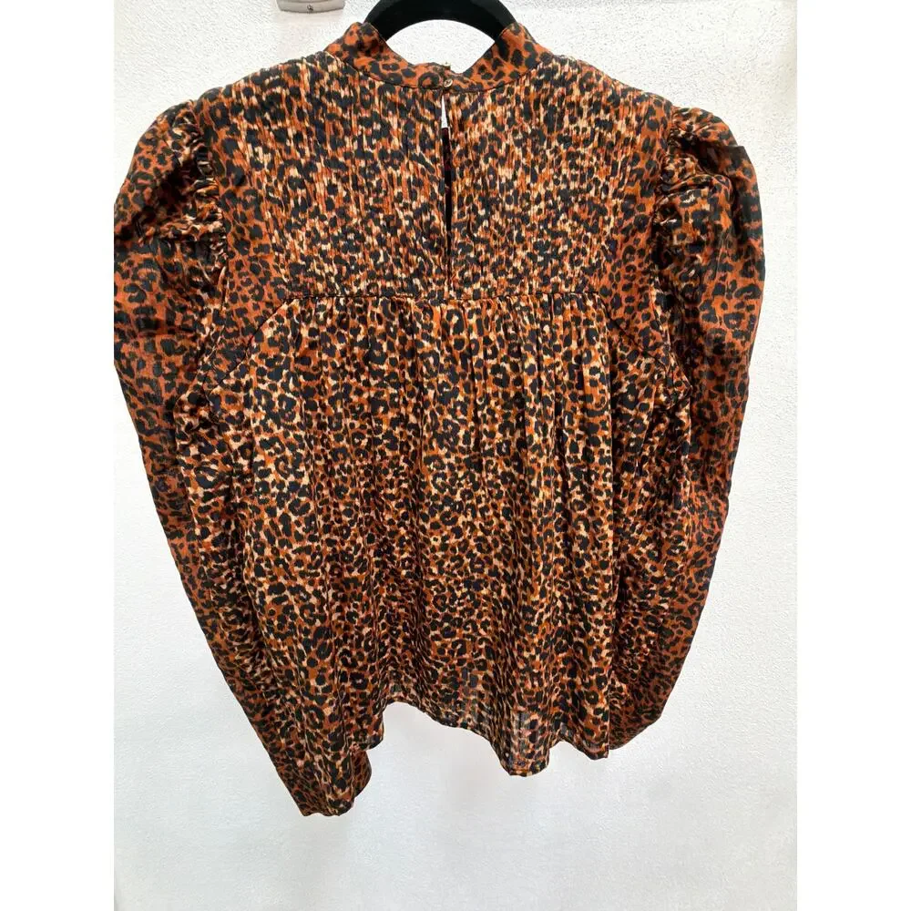 Ulla Johnson Vesna Leopard Print Blouse Brown Black  Long Sleeve Cotton Size 6